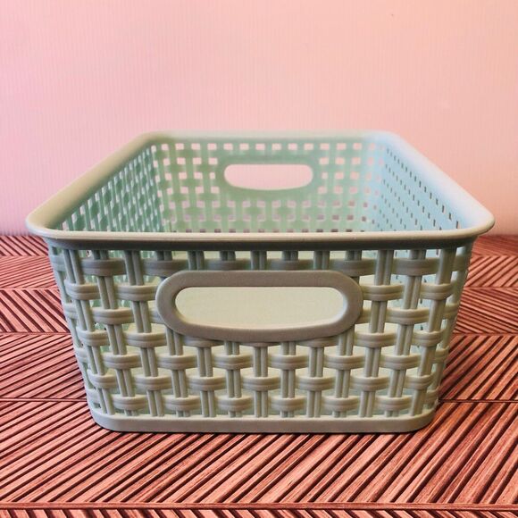 The Spring Shop Storage Plastic Bins Woven Pale Mint Green Set of 2 - Picture 3 of 4
